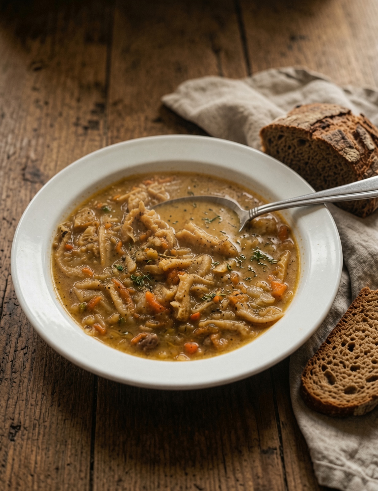 A steaming bowl of Stasia's flaczki with rye bread